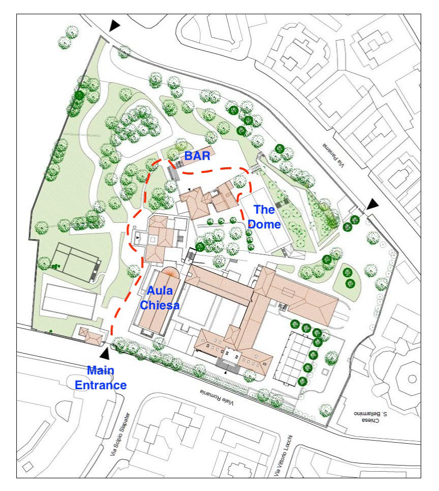 Map of the LUISS campus showing the main entrance, Aula Chiesa, BAR, and The Dome